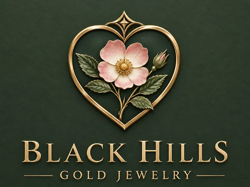 Black Hills Gold Jewelry logo: a gold heart framing a pink wild rose and green leaves