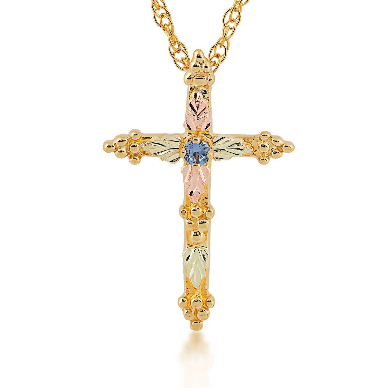 Landstrom’s Original Black Hills Gold Yogo Sapphire Cross Necklace - G 2147YO