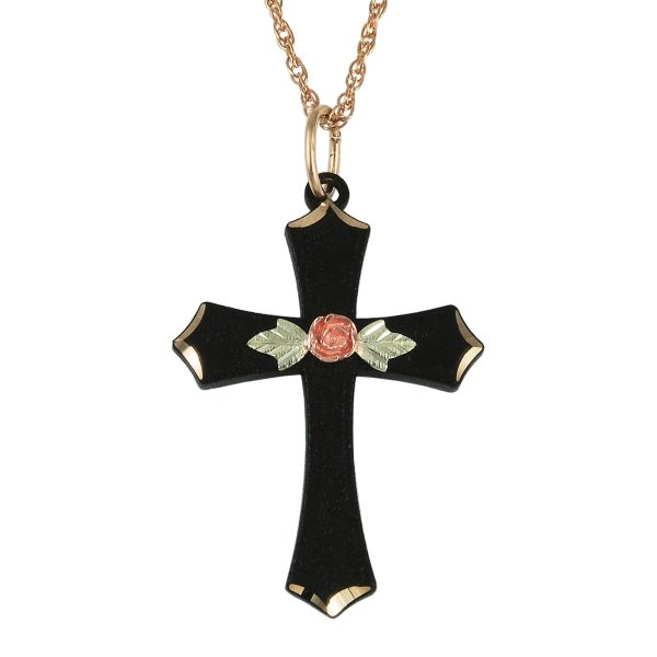 Enameled Brite Cut Cross with Rose Pendant