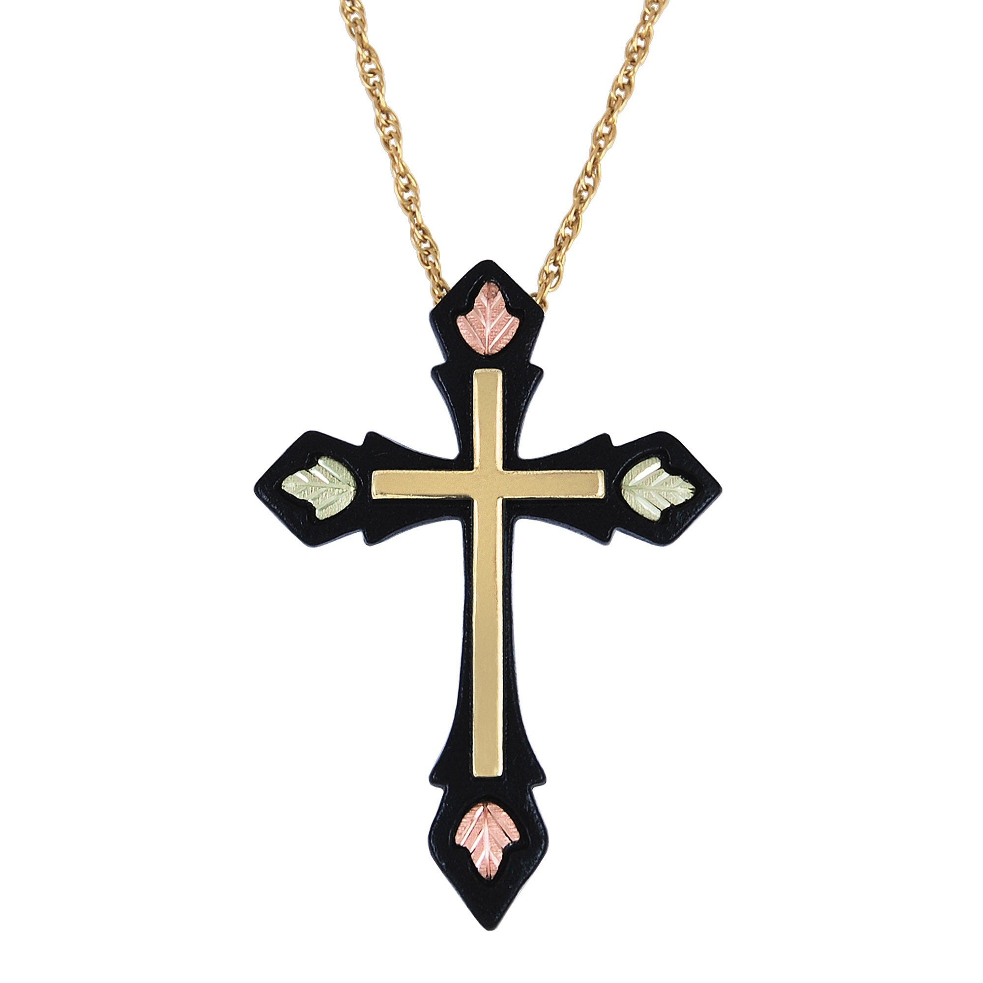 Black Hills Gold by TRJ Enameled Brite Cut Inlayed Cross Pendant - G C26222-BR