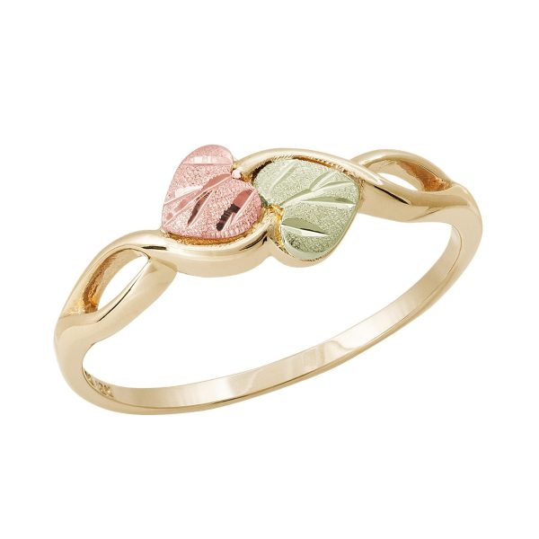 Black Hills Gold ring with rose and green gold leaves