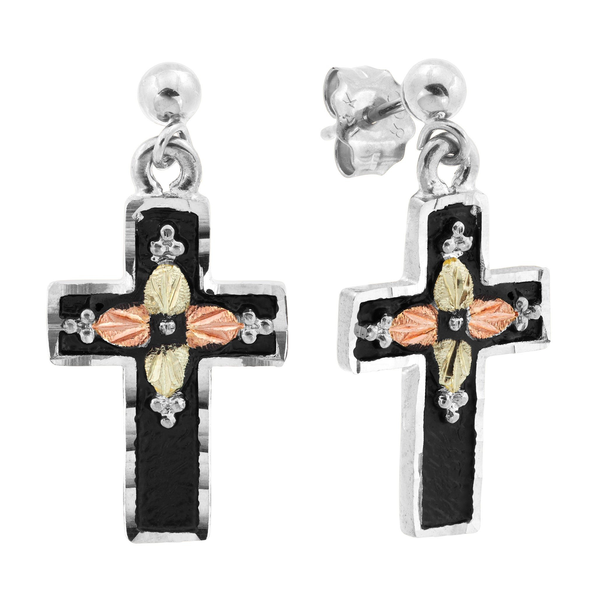 Landstrom’s Original Black Hills Gold on Silver Antiqued Cross Post Dangle Earrings - MRLER958PD