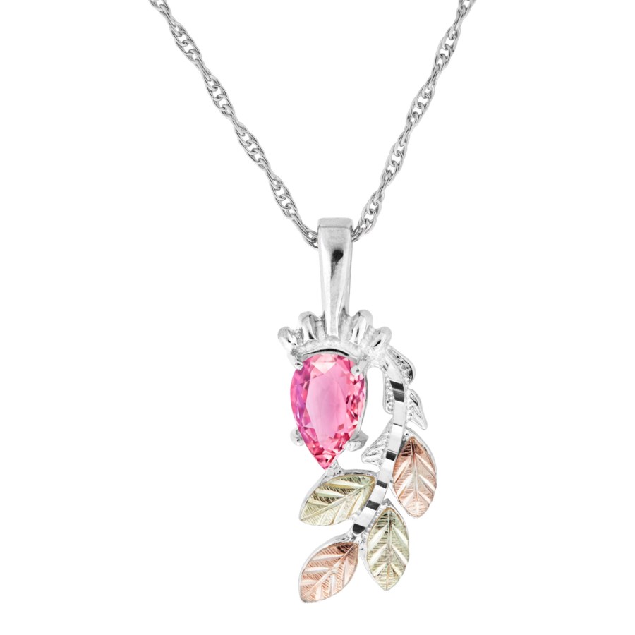 Black Hills Gold on Silver by TRJ Pear Pink Cubic Zirconia with Cascading Leaves Pendant - MRC25190/P-GS