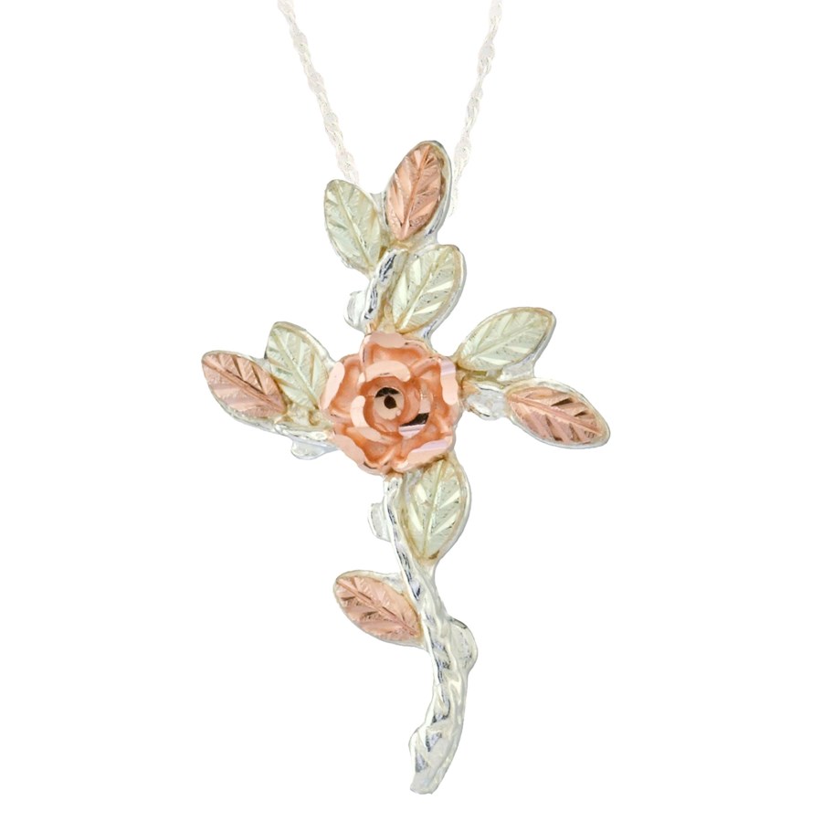 Black Hills Gold on Silver by TRJ Rose Cross Pendant - MRC25388-GS