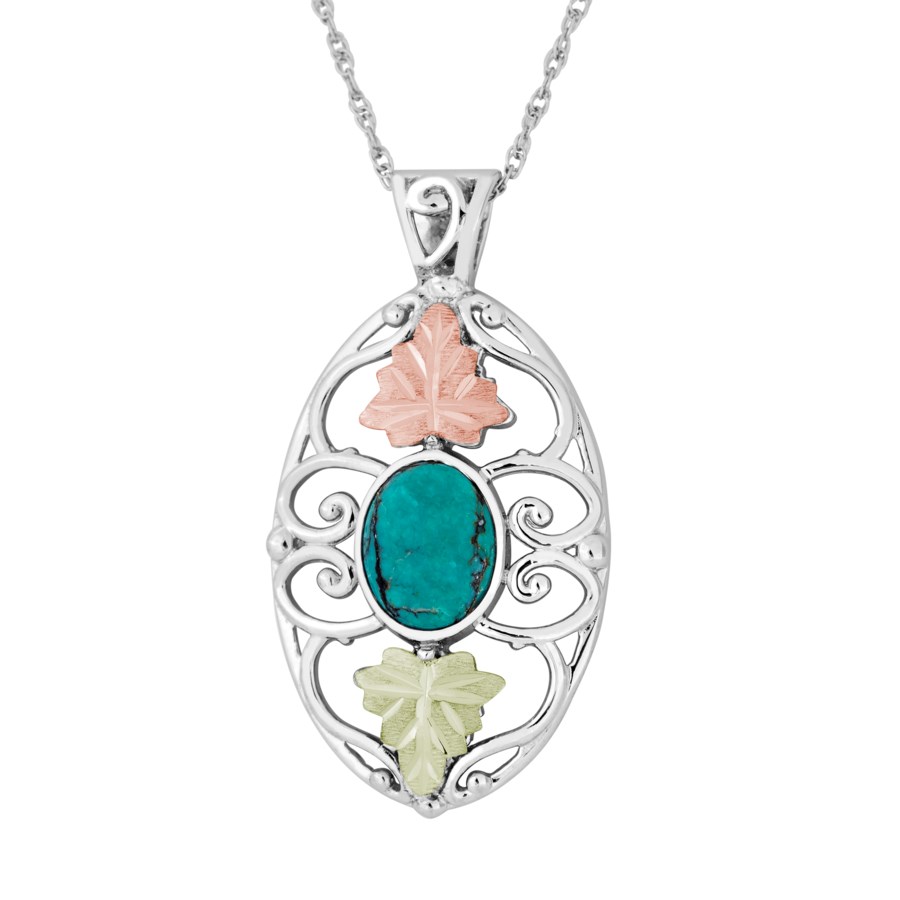 Landstrom’s Original Black Hills Gold on Silver Turquoise Filigree Oval Pendant - MRLPE3807TQ