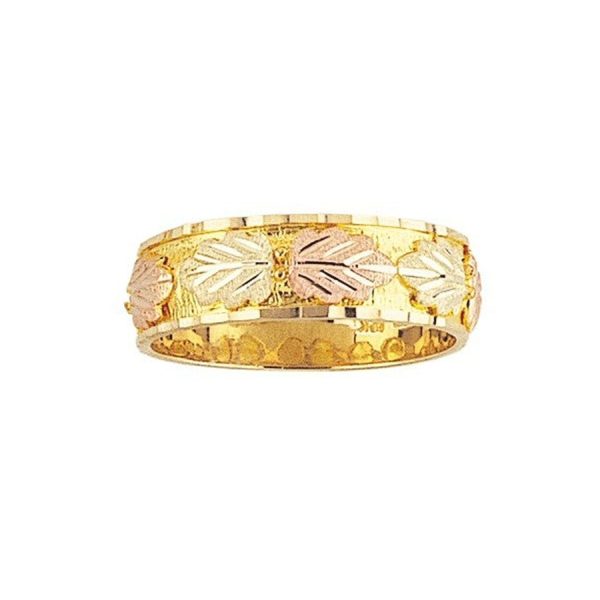 Men's Wedding Band, 10K gold · 12K rose & green leaves