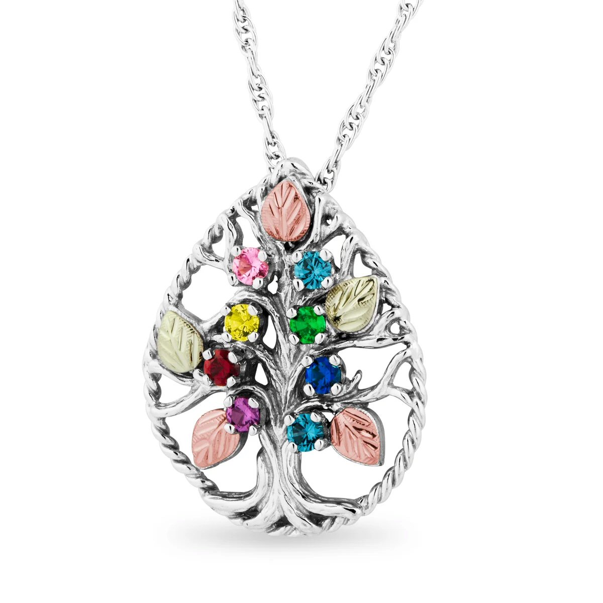 Mt Rushmore Black Hills Gold on Silver Family Jewelry Family Tree Pendant with 2-8, 3mm Genuine Birthstones - MR20345-GN