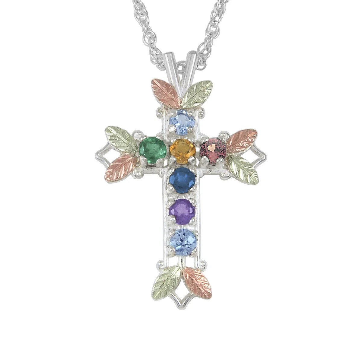 Black Hills Gold on Silver by TRJ Family Jewelry Open Cross Pendant with 1-7, 3mm Synthetic Birthstones - MRC2966-SY