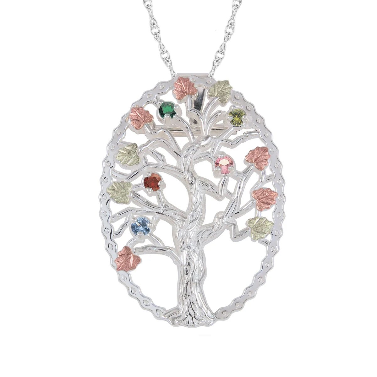 Black Hills Gold on Silver by TRJ Family Jewelry Generational Tree Pendant with 1-14, 2.5mm Genuine Birthstones - MRC3410-GN