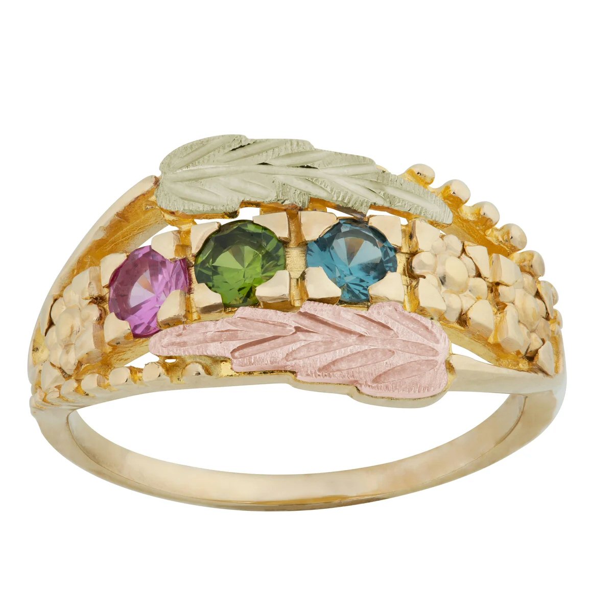 Mt Rushmore Black Hills Gold Family Jewelry Leaf and Grape Cluster Ring with 2-6, 3.5mm Genuine Birthstones - G 908-GN