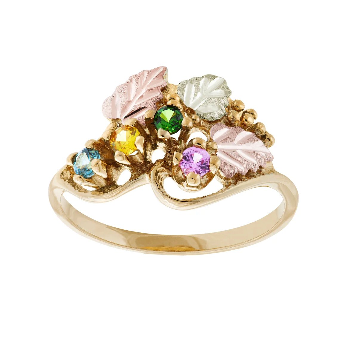 Mt Rushmore Black Hills Gold Family Jewelry Swirling Vine Ring with 2-6, 2.5mm Synthetic Birthstones - G 925-SY