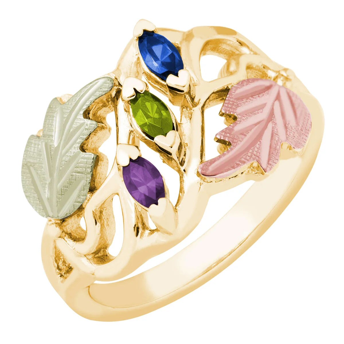 Mt Rushmore Black Hills Gold Family Jewelry Marquise Channel Ring with 2-6, 4x2mm Genuine Birthstones – G 928-GN