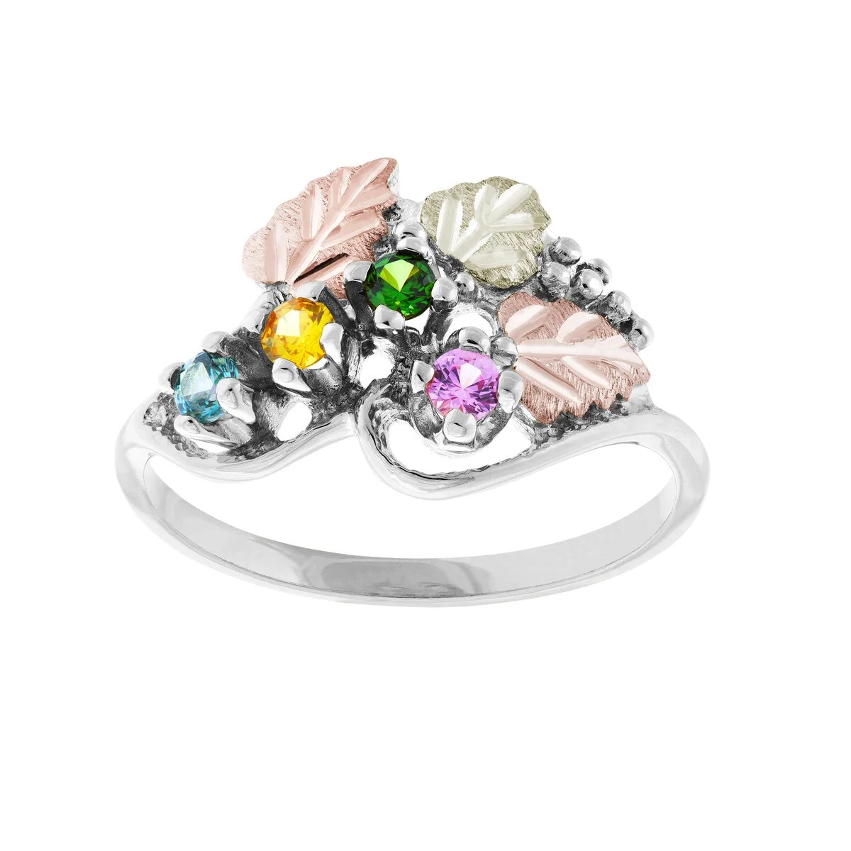 Mt Rushmore Black Hills Gold on Silver Family Jewelry Swirling Vine Ring with 2-6, 2.5mm Synthetic Birthstones - MR925-SY